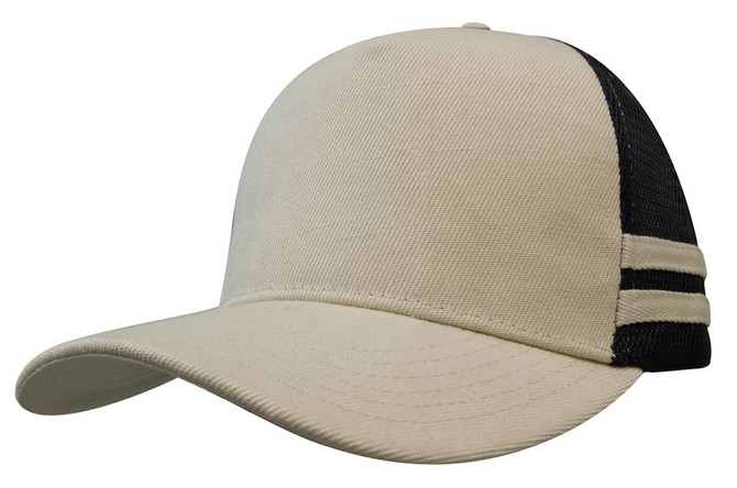 A beige trucker cap featuring black mesh sides and three stripes. The cap has a curved brim and a fitted design.