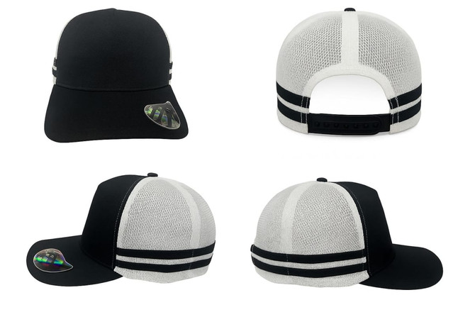 A black and white trucker cap featuring stripes, with a mesh design and a logo on the side.