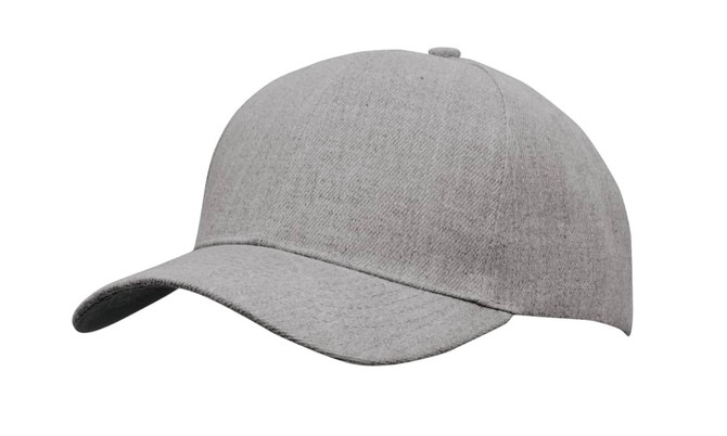A grey Premium American Twill Cap with a rounded crown and a curved brim, featuring a logo on the front.