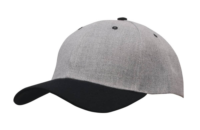 A grey twill cap with a black brim, featuring a logo on the front.