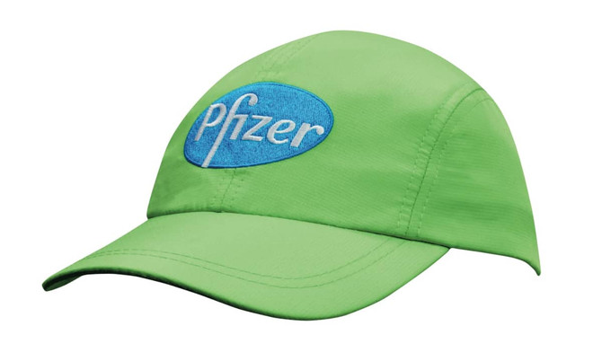 A green cap with a blue logo. The cap features a curved peak and a breathable design.