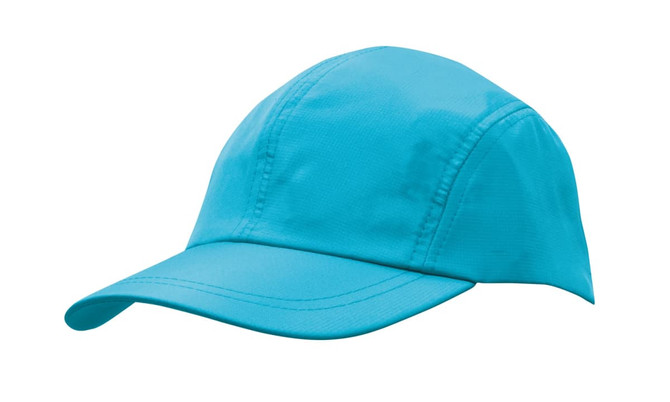 A light blue cap with a curved brim and a smooth finish, featuring a logo on the side.