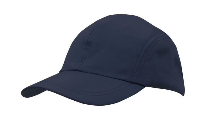 A navy blue cap with a curved peak and a structured design, featuring a logo on the side.