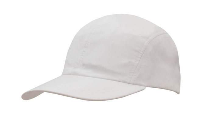 A white sports cap with a curved brim, made from lightweight fabric, featuring a logo on the side.
