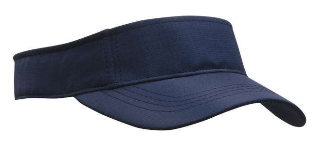 A navy sports visor with a wide brim and an adjustable strap, featuring a logo on the side.