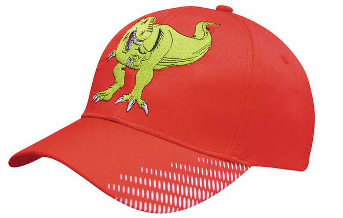 A red cap featuring a green dinosaur illustration and a logo on the side with breathable mesh detailing.