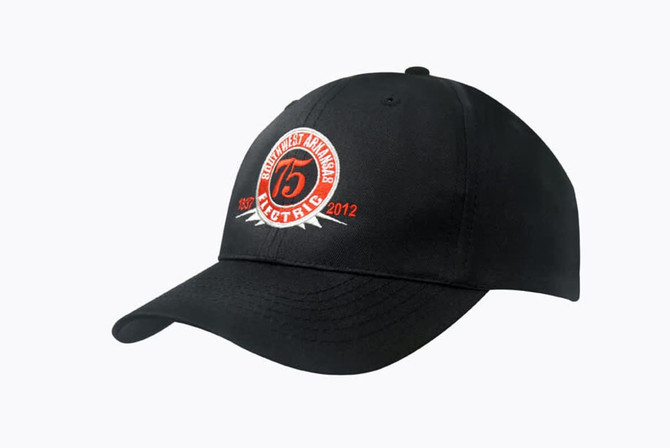 A black breathable poly twill cap featuring a circular logo with numbers and text, positioned at the front.