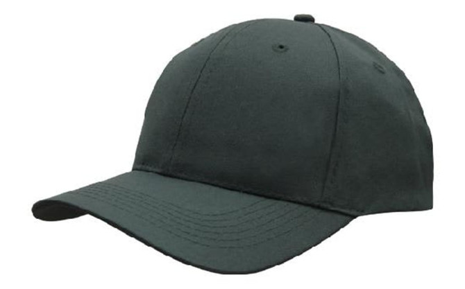 A breathable poly twill cap in dark green with a curved brim and a logo on the side.