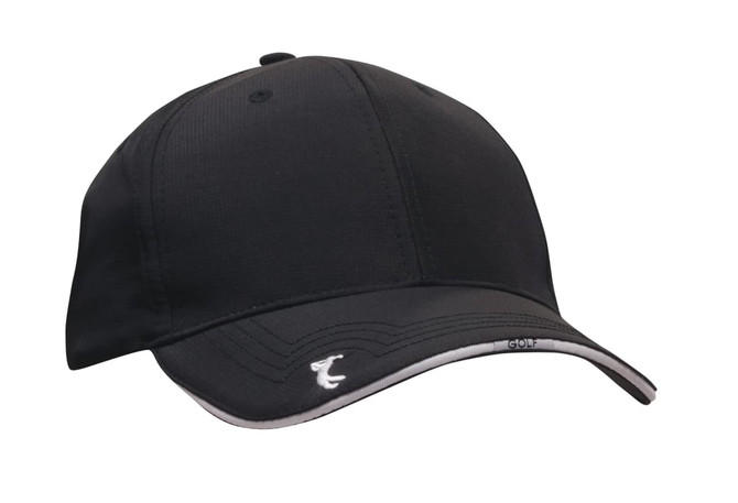 A black cap featuring peak embroidery and a logo on the side. The design includes a contrasting trim.