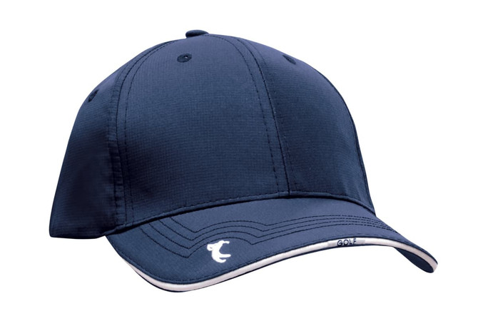 A navy cap with a peak and white detailing, featuring a logo on the side.