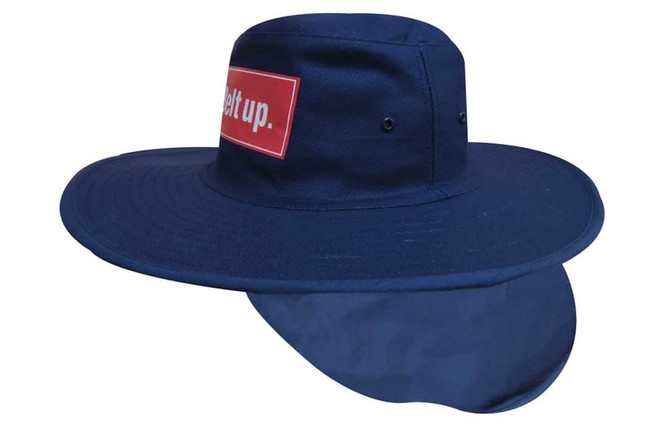 A navy canvas sun hat with a wide brim and a flap at the back, featuring a logo on the front.