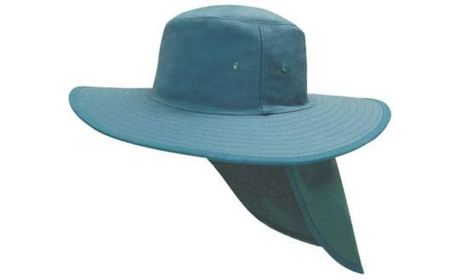 A canvas sun hat in teal with a wide brim and a neck flap for sun protection. It has a logo on the side.