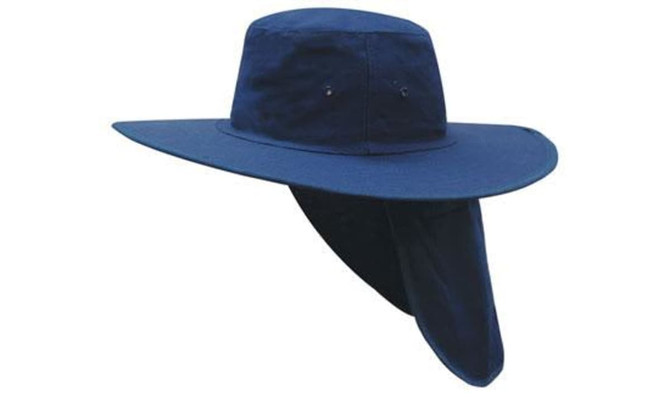A navy canvas sun hat with a wide brim and a neck flap for sun protection. It features a logo on it.