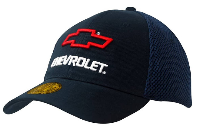 A navy blue cap featuring a mesh back and a prominent red and white logo.