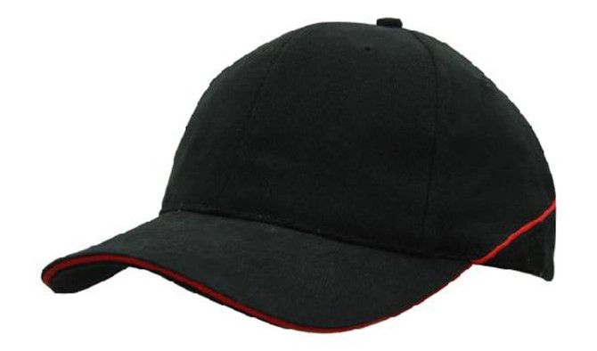 A black cap with red crown piping and sandwich brim, featuring a logo or branding.