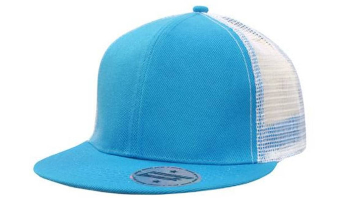 A bright blue cap featuring a mesh back and snapback style, with a circular badge on the front.
