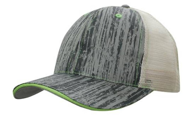 A grey and green patterned cap with a mesh back, featuring a curved brim and a logo.