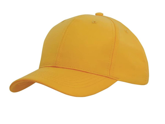 A yellow sports cap with a curved brim and a structured design, featuring a small logo.