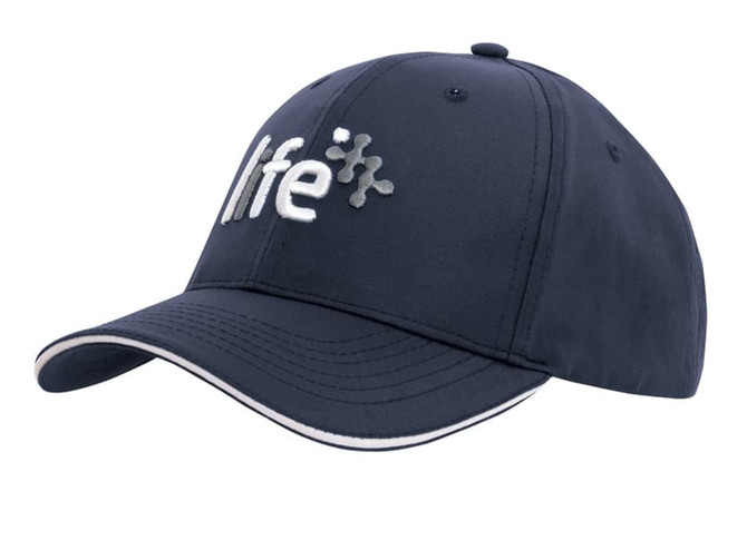 A navy sports cap featuring sandwich trim and a logo on the front.