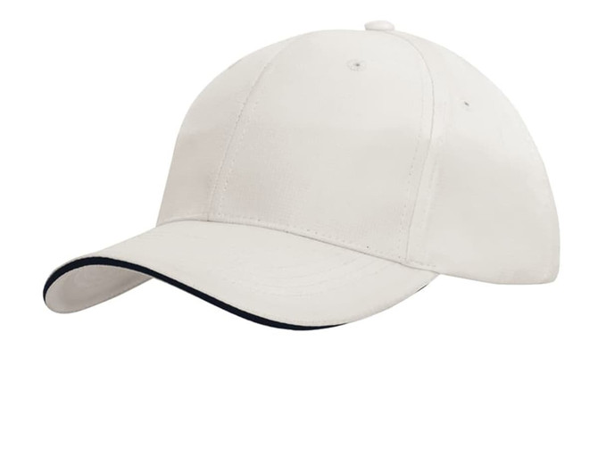 A sports cap in white with dark sandwich trim along the brim. It features ventilation eyelets and a logo.