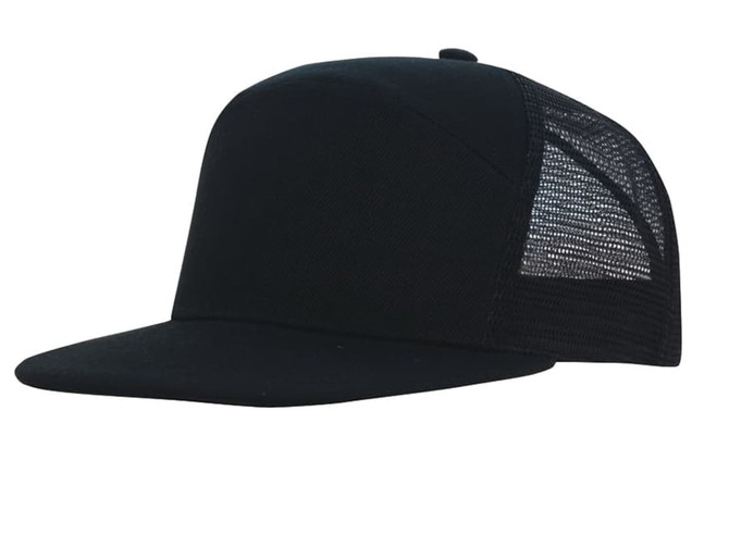 A black A-frame cap with a mesh back and a curved peak, featuring a logo on the front.