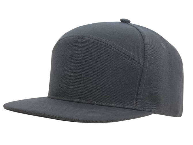 A grey Premium American Twill A Frame Cap featuring a flat brim and a logo on the side.