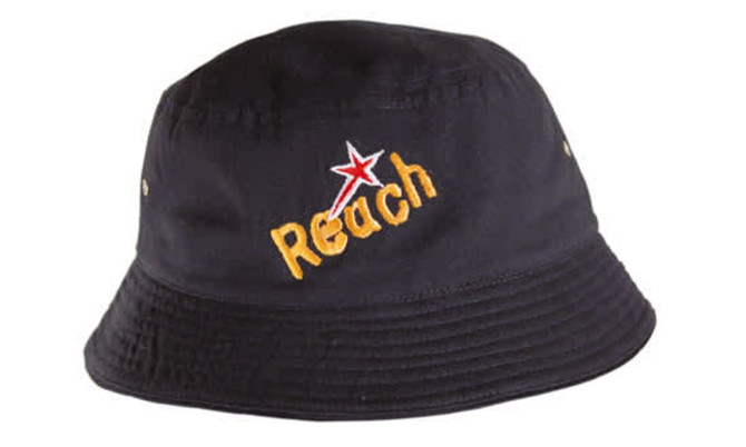 A black bucket hat with a stitched logo and yellow embroidery. Designed for children, featuring a classic twill fabric.