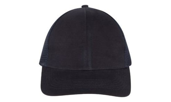 A black brushed cotton cap with a mesh back and a curved brim, featuring a logo on the front.