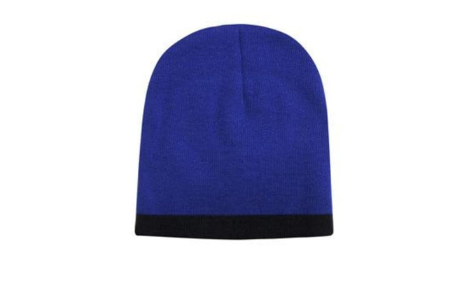 A two-tone acrylic beanie in blue with a black rolled brim and a logo.