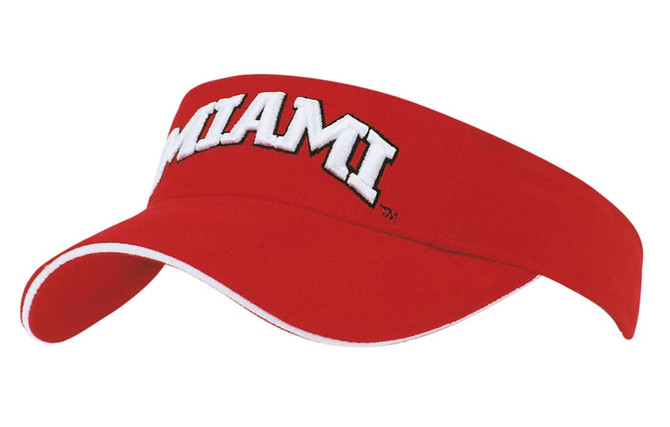 A red brushed heavy cotton visor with a white trim and a logo on the front.