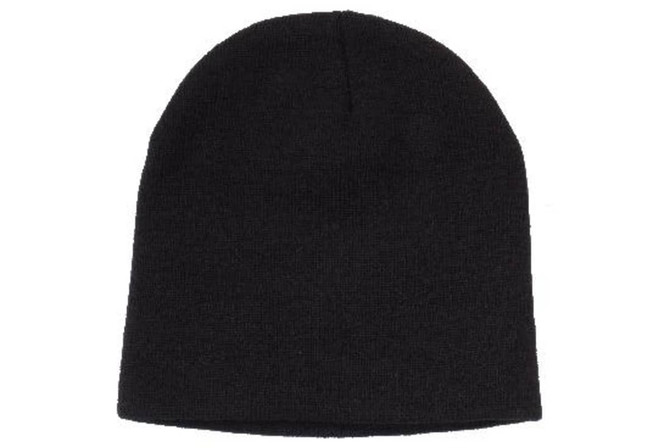 A black rolled down acrylic beanie with a simple design and a smooth texture. It features a logo.
