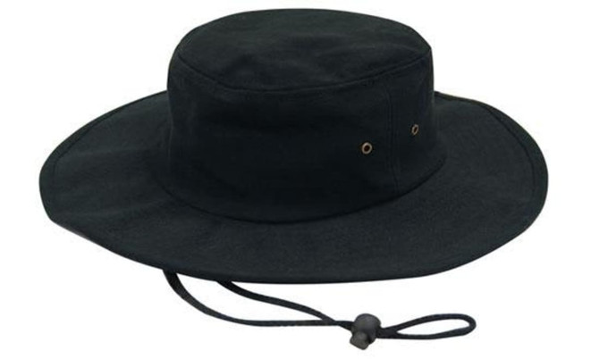 A black brushed heavy cotton hat with a wide brim and adjustable chin strap, featuring eyelets for ventilation.
