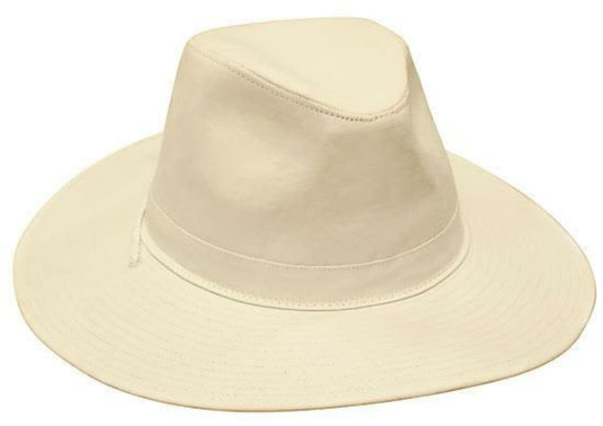 A beige cotton twill hat with a wide brim and a structured crown, featuring a logo on the side.