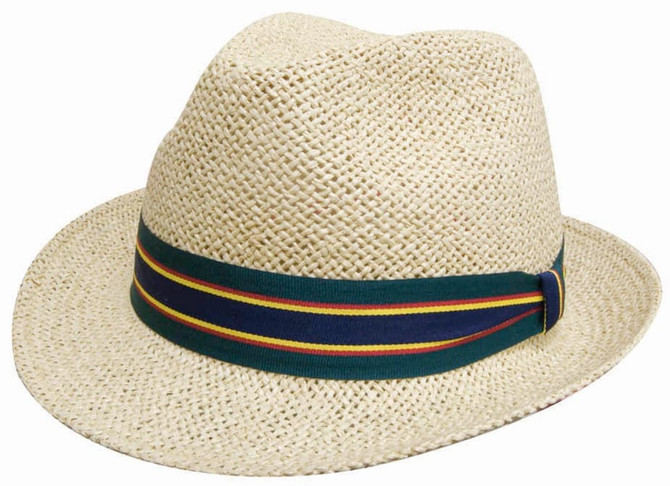 A straw fedora hat in a light beige colour with a dark green and multi-coloured striped band.