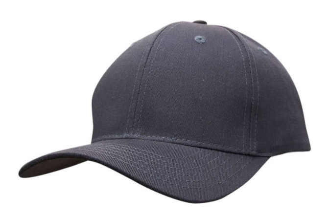 A grey cotton twill cap featuring a curved brim and a structured design with a logo.