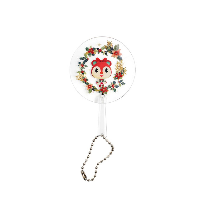A mini PVC hand fan with a cute character design and floral wreath, attached to a chain keychain.