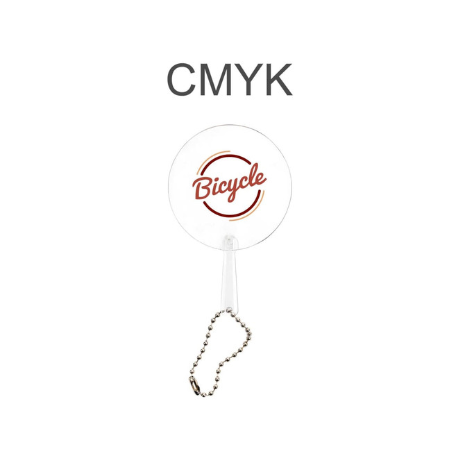 A transparent mini PVC hand fan with a keychain, featuring a circular design and red branding.