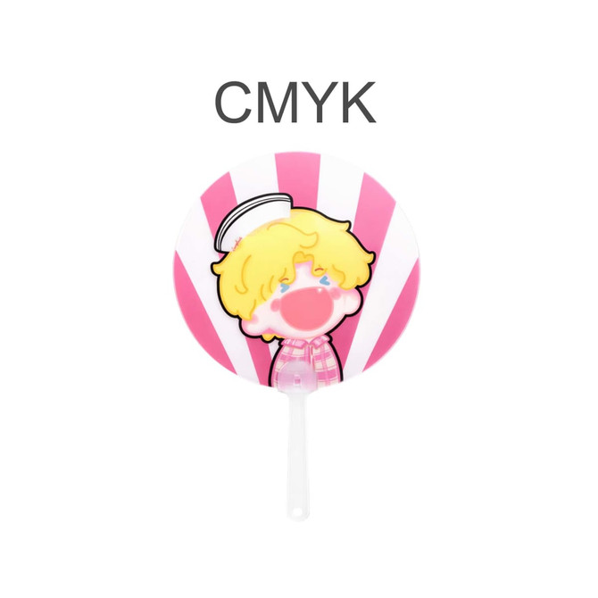 A custom shape transparent PVC hand fan featuring a pink design and a cartoon character with blonde hair and a sailor hat.