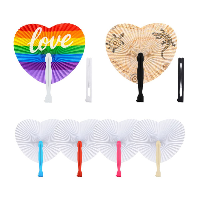A heart-shaped plastic paper fan in rainbow, beige, white, blue, and pink colours, featuring various designs and a logo.