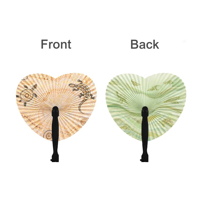 A heart-shaped plastic paper fan featuring a patterned design in earthy tones on one side and a lighter green pattern on the reverse, with a black handle.