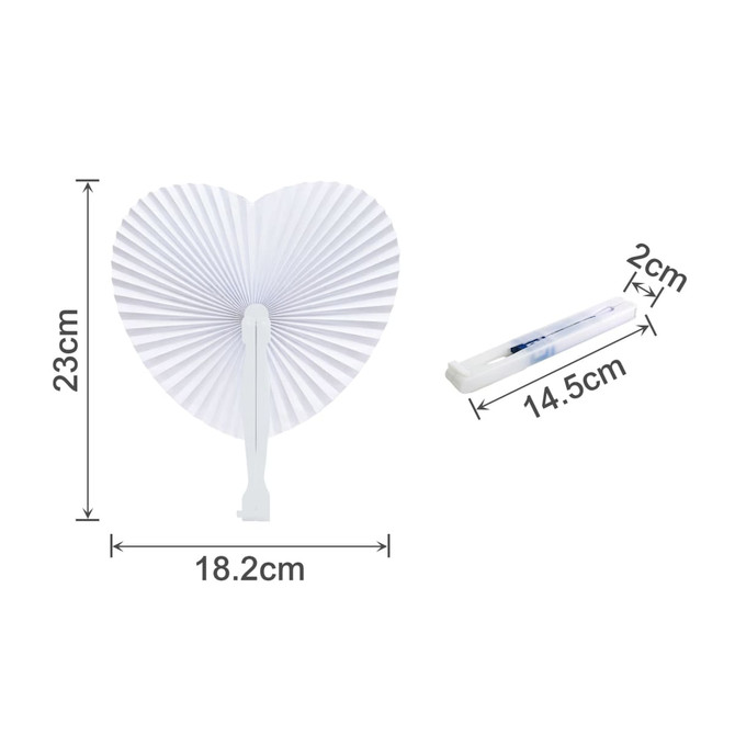 A heart-shaped plastic paper fan in white, measuring 23cm tall and 18.2cm wide, with a small transparent handle.