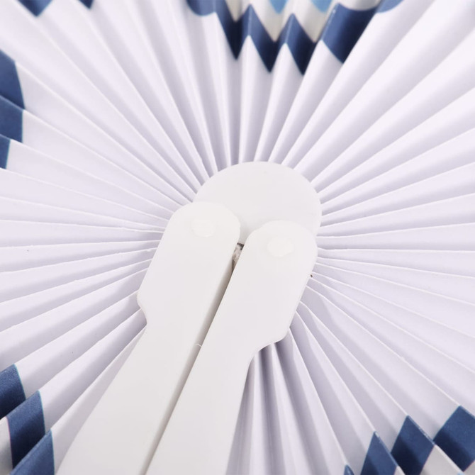 A heart-shaped plastic paper fan with white and navy blue patterns and white handles. It features a logo.