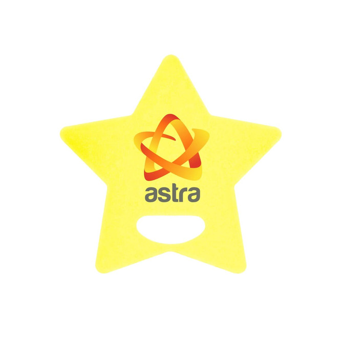 A star-shaped yellow fan featuring a logo in the centre. No handles are present.