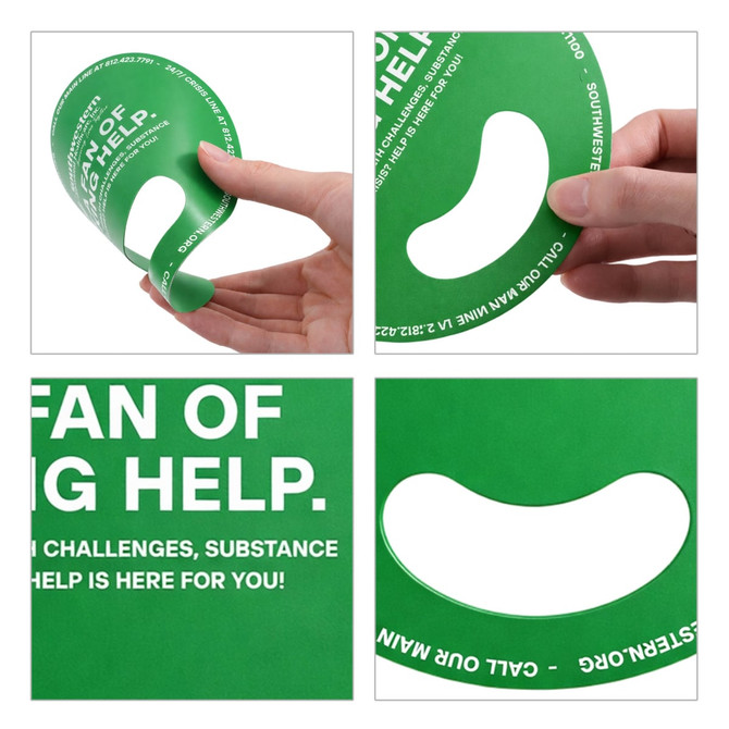 A green custom shape fan without handles, designed in a curved form. It includes a logo and text elements.