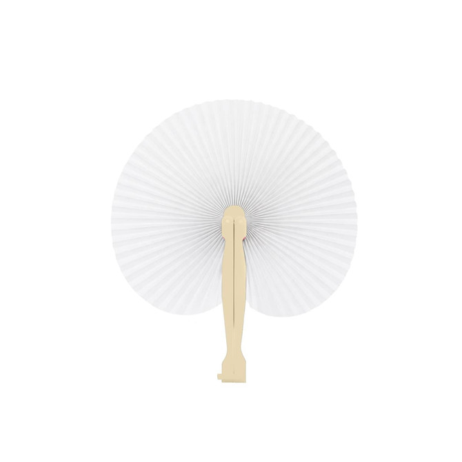 A peach-shaped plastic fan with a white pleated design and a beige handle, featuring a logo.