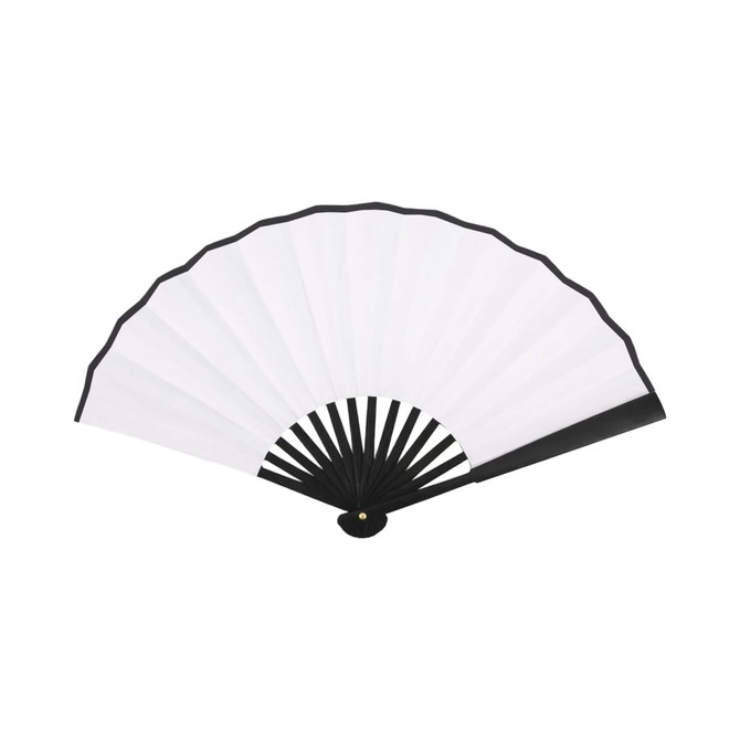 A bamboo hand fan with a black frame and white fabric, featuring multiple pleats and a central pivot.
