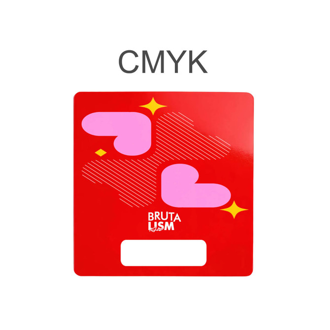 A custom shape paper fan in vibrant red featuring pink heart designs and a branding logo.