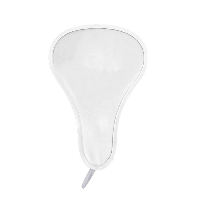 A foldable event fan in white with a handle, featuring a simple design and a logo on the side.