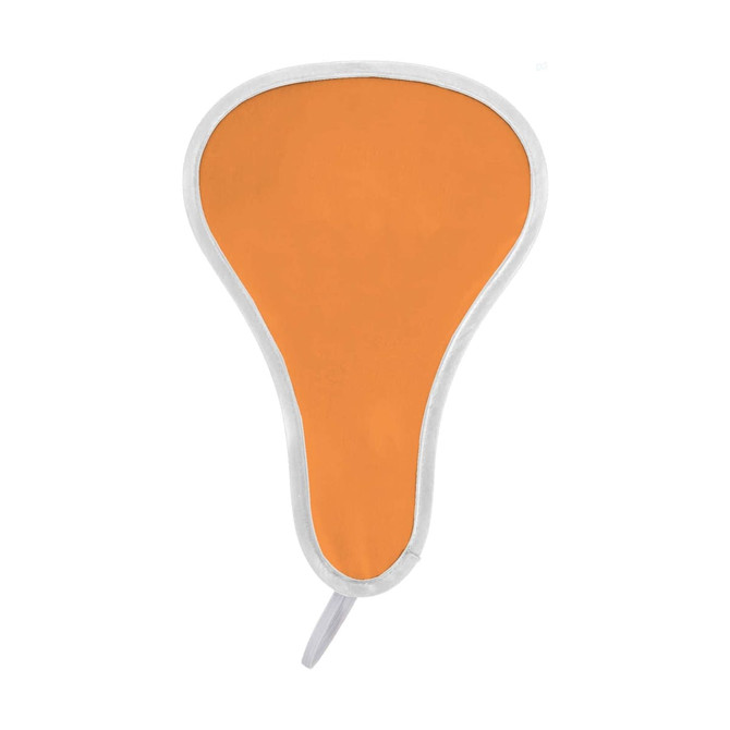 An orange foldable event fan with a white trim and a handle. It features a logo on the fan's surface.