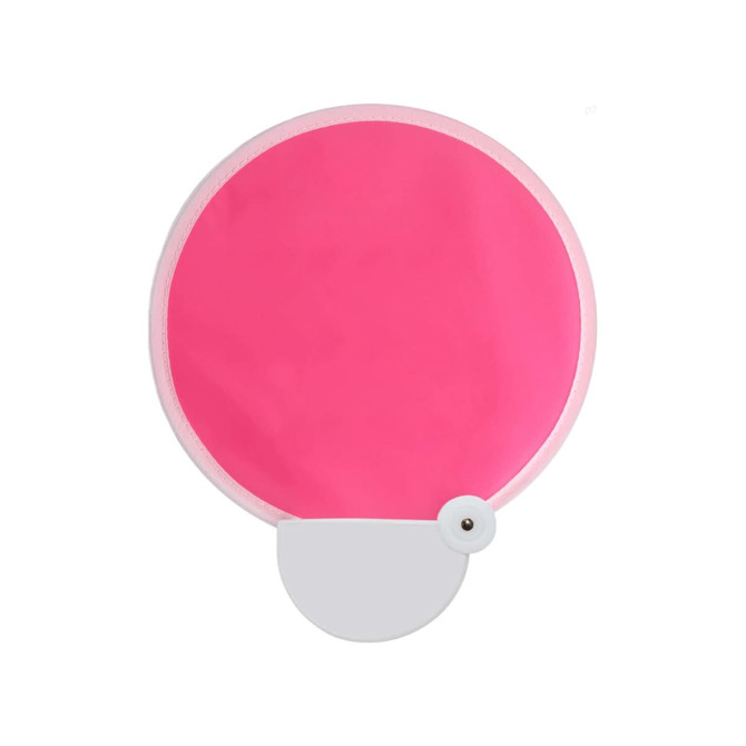 A 20cm foldable fan in bright pink with a white base and button, featuring a simple round design.